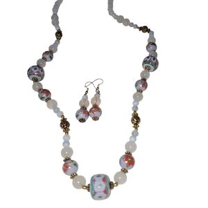 Vintage Cloisonné & Rose Quartz Necklace Set – Matching Earrings